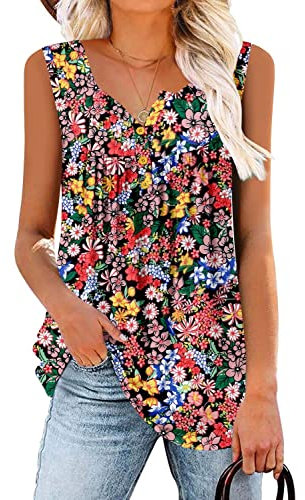 KISSMODA Women's Floral Tunic Tops Casual Blouse V Neck Short Sleeve Buttons Up T-Shirts YellowCoral X-Large