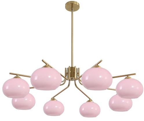 Lustre vintage en verre rose avec 8 lumières moderne salon laiton brossé semi-encastré éclairage pour îlot de cuisine