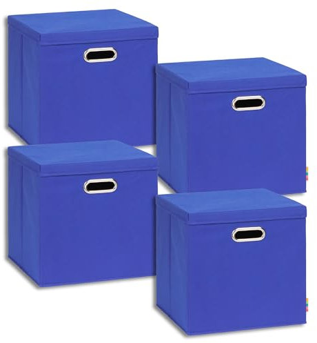 Storanda | 4er Set Aufbewahrungsbox mit Deckel 34x34x33 cm | Breite Griffe auf zwei Seiten | Stabil & Faltbar | Regalbox für Würfelregal | Ideal für Zuhause & Kinderzimmer | Blau