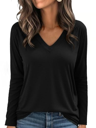 Aottori T-Shirt à Manches Longues Femme Col V Chic élégant Lâche Haut Décontracté Tee Shirt Tunique Basic Top Tshirt Pull Noir S