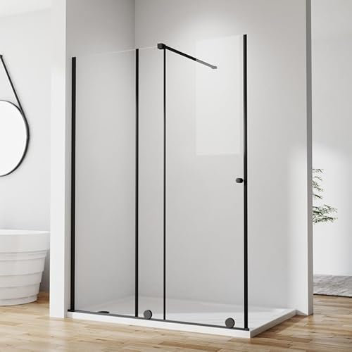 Walk in Duschwand 140 x 185 cm Schiebetür Schwarz Duschabtrennung, Walk-in Glas Dusche Schiebetüren breite 90-140 cm, Duschkabine Duschtür aus 6mm ESG Sicherheitsglas, Duschtrennwand Höhe 185cm