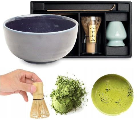 WESTCRAFT Matcha Set 4 tlg. Original japanische Schale mit Besen & Löffel Edo Japan Geschenkverpackung mit Matcha Besen Chasen, Matchabesen,Matchabesen Halter,Matcha Bambuslöffel Chashaku (Uzu blau)