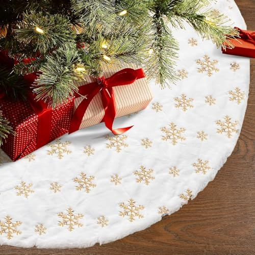 Weihnachtsbaum Decke, Weihnachtsbaumdecke Rund Plüsch Christbaumdecke Weiß mit Gold Schneeflocken Baumdecke Weihnachtsbaum Rock Christbaumständer Teppich Christmas Tree Skirt (90cm-Gold)