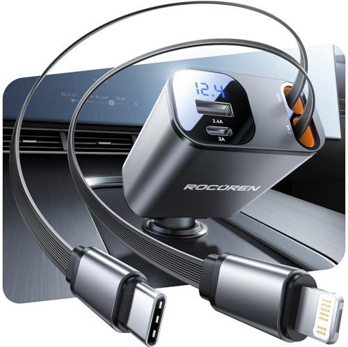 Rocoren 4 in 1 Zigarettenanzünder USB C 69W Auto Ladegerät Adapter Schnellladegerät mit einziehbare Kabel, Auto Zubehör Camping Gadgets Wohnmobil Accessoires für iPhone, Samsung - Grau