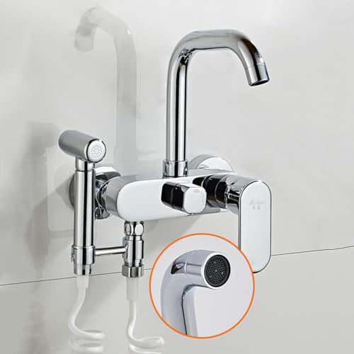 Robinet de cuisine mural chromé avec bec pivotant à 360° et fonction pulvérisation, robinet de cuisine moderne pour le nettoyage