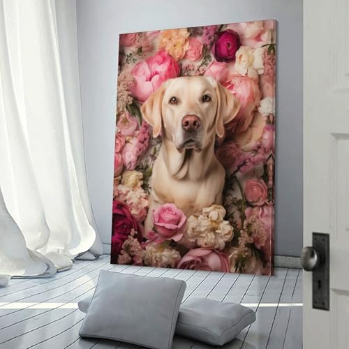 POLIUAWS Labrador in Blumen Bilder Kunstwerk für Wohnzimmer Geschenk Leinwand Wandkunst Nordische Wohndekoration Fertig zum Aufhängen Poster und Drucke 12x18 Zoll (30x45 cm)