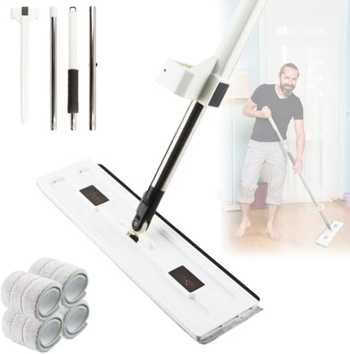 Großer Flachmopp mit Auswringfunktion, dellyy Flachmopp, 360° Drehgelenk Bodenwischer Wischmopp Set, Nass- & Trockenmopps für den Haushalt, mit 4 Mikrofaser-Wischpads (Weiß)