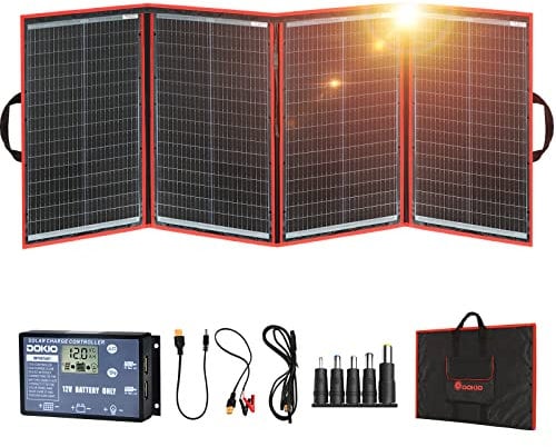 DOKIO Solarpanel Faltbar 200W 18V Kit Monokristalline mit Solar Ladegerät (LCD Anzeige + 2 USB Ausgang) und Kabel Für 12V Kfz Batterie, AGM, GEL, Säurebatterie, Generatoren plug and play