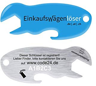 Einkaufswagenlöser Blau/Entriegler für Einkaufswagen – inkl. 1 Jahr Schlüsselfundservice/Einkaufswagenchip abziehbar/Einkaufschip zum rausziehen/Schlüsselanhänger Metall / 1 Stück