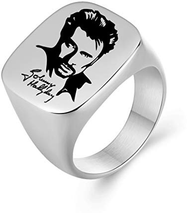 AFSTALR Bague Johnny Hallyday Homme Cadeau Signature Bague Chevalière Acier Inoxydable Anneau Bague Sceau, Argent 9
