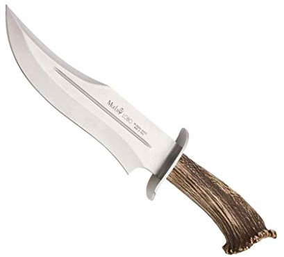 Muela Cuchillo de caza LOBO-23S hoja de acero inoxidable MoVa de 23 cm y empuñadura de asta de ciervo para Caza, Pesca, Supervivencia y Bushcraft + Portabotellas de regalo
