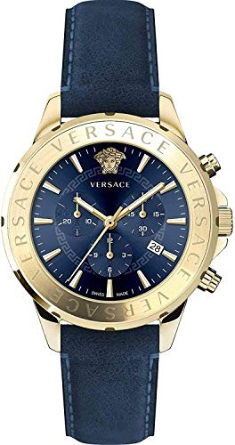 Montre Homme Versace Chrono Signature Bleu Cuir Or Acier 44mm VEV600319