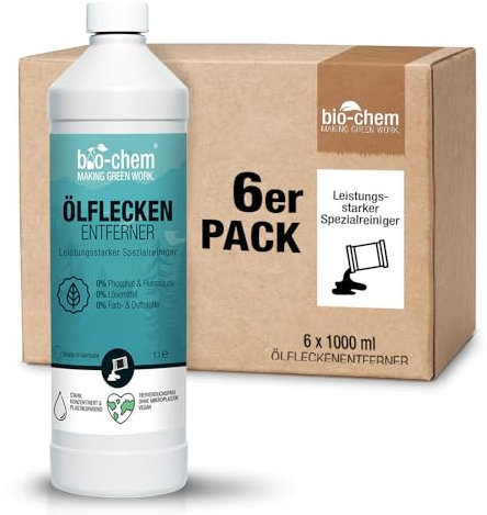 bio-chem Ölfleckentferner 6x 1 Liter - Zur effektiven Entfernung von Ölflecken aller Art - für Pflastersteine, Beton, Asphalt u.v.m. - Made in Germany