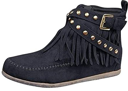 Minetom Stivaletti Donna Nappa Stivali Tacco Piatto Corti Stivali Autunno Inverno retrò Stivali Cerniera Scarpe Donna Stivaletti con Le Frange A Nero 40 EU