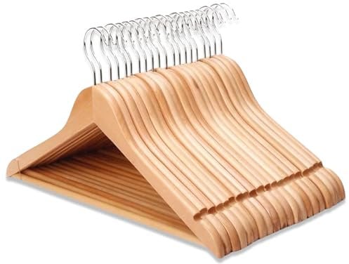 REQUISITE NEEDS Wooden Coat Hangers 20 Pack With 360 Degree Rotatory Hook Strong Shoulder Notches Wardrobe Wooden Garments Hangers Made By Natural Wood and Non-Slip Trouser bar