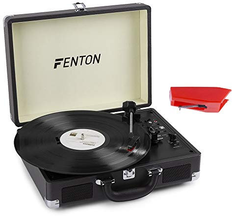 Fenton RP115C Bluetooth Vinyl Player with Built-In Speakers and Spare Ceramic Stylus, Briefcase Record Player & Turntable USB Encoding, Retro Black Finish