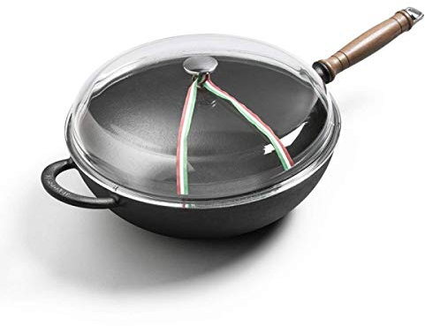 Cucina piatto Wok fondo, acciaio al carbonio con coperchio e mescolare Fry Spatola, Ricette Inclusa Wok