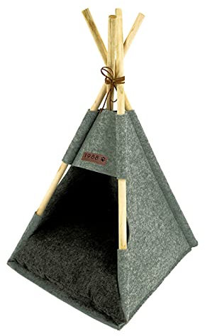 Spetebo Haustier Zelt aus Holz und Filz in grau mit Kissen - ca. 80x44x42 cm - Stabiles Katzen Tipi Hunde Zelt Haus Bett waschbar Schlafplatz