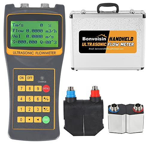Bonvoisin Handheld Ultrasonic Flowmeter Portable Clamp on Flow Meter with S1+M2 Sensors for Seawater Alcohol Industrial Sewage DN15-700mm (1/2-28)