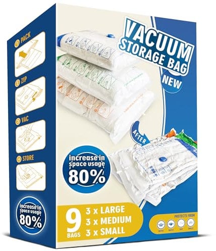 Storage Master Space Saver Bags for Travel and Home Reusable Vacuum Storage Bags Save 80% More Storage Space Work with Vacuum Cleaner (9 Combo, No Pump Included)