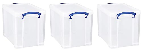 Really Useful Box 19 Liter Plastic Stackable Storage Container w/Snap Lid & Built-in Clip Lock Handles for Home & Office Organization, Clear (3 Pack)