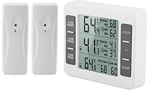 Fridge Thermometer, Outdoor Thermometer, Fridge Thermometer with 2 Wireless Sensors with Audible Alarm, for Indoor and Outdoor Use, Easy-to-Read LCD Display