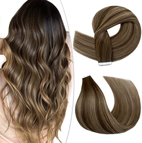 40cm-Extensiones Adhesivas Pelo Natural Sin Clip con Cinta Adhesiva (20pcs*2.5g) 100% Cabello Humano Liso Largo Se Ve Natural 100% Remy 50g -# 4T4P27 Marrón Medio Ombre Marrón Medio & Rubio Oscuro