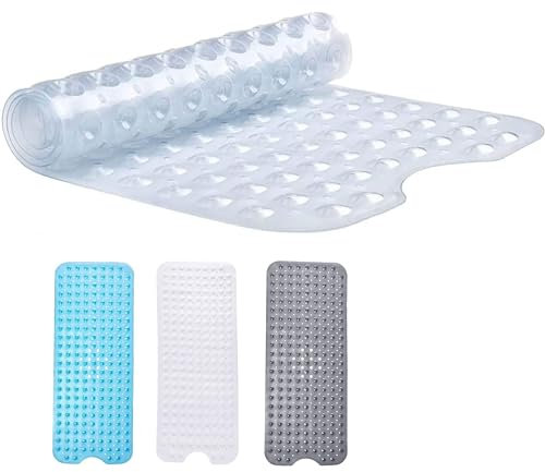 Hafaa Shower Mat Non Slip Anti Mould Extra Long Rubber Bath Mat - 100x40cm Bathtub Shower Mats with 200 Strong Suction Cups Grip and Drain Holes - Soft Bathroom Mat Machine Washable (Clear)