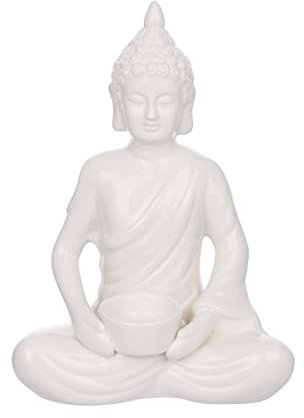 BUTLERS Deko Statue mit Teelichhalter 29cm Dolomit Teelichter Buddha Figur Glücksbringer | Dekoration für Meditation, Zen Garten, Yoga, Feng Shui | Wohnzimmer, Schlafzimmer, Bad