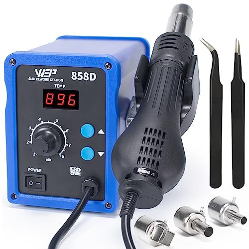 WEP 858D Hot Air Rework Soldering Station with Temperature Control, Adjustable Air Volume, Digital Display for SMD Soldering with 3 Extra Hot Air Nozzles