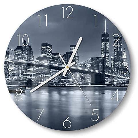 DEQORI Glasuhr | rund Ø 30 cm | Motiv Vollmond über New York | ausgefallene leise Design Uhr aus Glas | Wanduhr für Wohnzimmer & Küche | Moderne Hingucker Uhr für die Wand