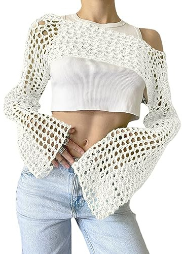 Bnigung Top Corto da Donna in Maglia all'Uncinetto, Coprispalle Sexy Y2k Scava Fuori Maglione Lavorato a Maglia ritagliato Vedere Attraverso Bikini Copricostume, Bianco, M