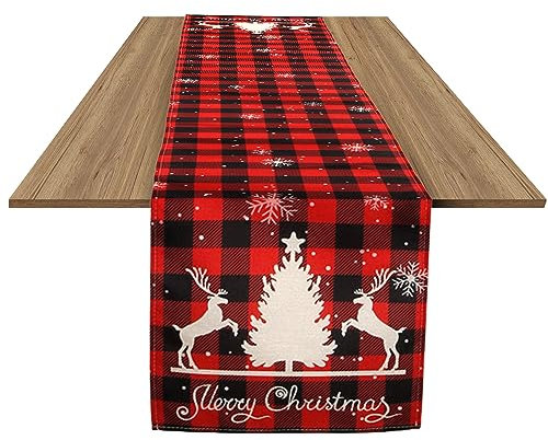 Chemin de Table de Noël à Carreaux de Buffle, 33x183cm Rouge et Noir - Décoration Table en Lin avec Flocons de Neige, Sapin, Élans Motifs