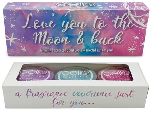 Cello Scent Cup Trio - Love You to The Moon & Back Gift Set - 3X Tealight Scented Candles. High Fragrance Tea Lights Candles. Birthday Gifts for Women and Christmas Gifts.