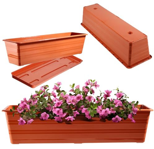 KADAX Fioriera da 60 cm con sottovaso, in terracotta, in plastica, resistente alle intemperie, per fiori e erbe aromatiche