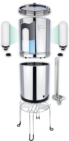 NEWTON 6L Système de filtre à eau à la gravité de Premium avec élimination du fluor et réduction du calcaire | Système avec 2 bougies de filtre, support en acier inoxydable et robinet de verre à vue