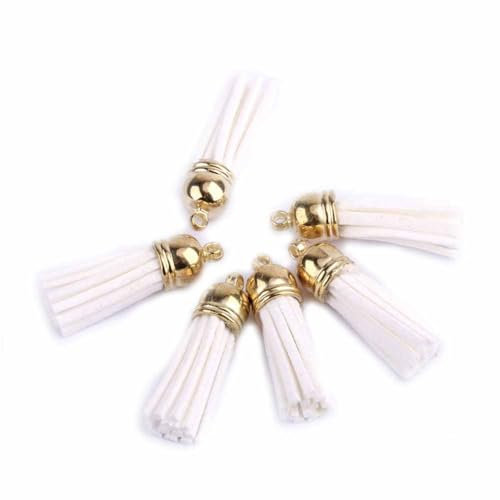 SHTGOI 20 Stück Leder Quaste 3CM Klein Wildleder Quaste mit mit Goldener Kappe Kunstleder Schlüsselanhänger Taschenanhänger Troddel Anhänger für DIY Tasche Schmuck Basteln Charm Zubehör Weiß