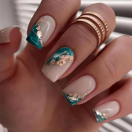 Kryzalite® 24pcs Marbre Court Press On Nails Forme Carrée Stick On Nails pour Femme Longueur Moyenne Faux Ongles avec Motifs Cyan Nude