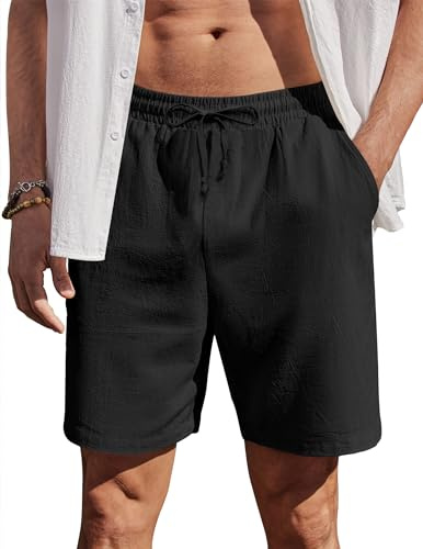 COOFANDY Shorts pour Homme Décontracté en Coton d'été Pantalon Court avec élastique Chino Shorts de Plage avec Poches Noir L