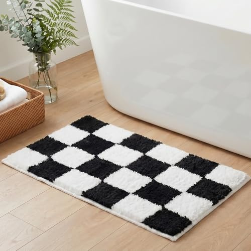 Tititex Luxus Schwarz Weiß Gemusterter Badezimmerteppich, 60x90 cm Klassisches Schachbrett Extra Weich und Saugfähig Mikrofaser Badematten, Rutschfest Plüsch Zottiger Badteppich für Badezimmerboden