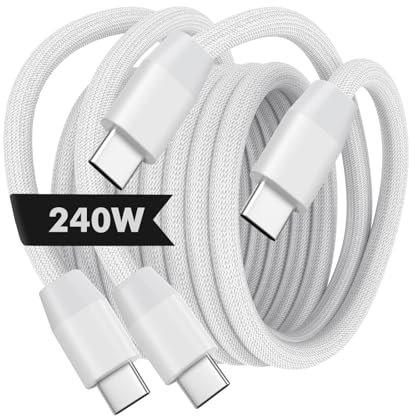 MoKo 240W Câble USB C vers USB C, 2 PCS 2m Chargeur Nylon Tressé Chargement Rapide, Câble Cordon Type-C vers C pour iPhone 16/15/15 Pro/15 Plus/15Pro Max, MacBook Pro 2020, Galaxy S24, Blanc
