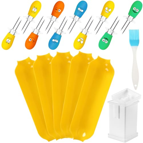 AUGSUN Maiskolben Spieße, 10 Stück Bunte Maiskolben Halter Edelstahl Maiskolben Spieße mit Maisplatten und Butterverteiler für Grillen Picknick Küche Gartenparty