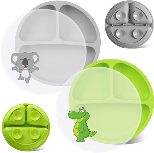 Baseola Silikon Baby Teller mit Saugnapf und Deckeln, Geteilte Rutschfeste Teller für Babys und Kleinkinder, BPA-Frei, Spülmaschinen und MikrowellenFest Babyteller Kinderteller, 2*Stück