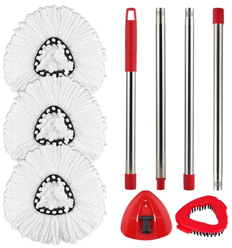 Spin Mop Head and Handle Replacement Compatible with Vileda Turbo Spin Mop, 3 Mop Head Refills, 1 Base, 1 Scrub Brush, 1 Spin Mop Handle