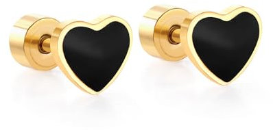 Black Enamel Heart Love Screw Back Small Stud Earrings for Women Girls Minimalist Stainless Steel Cartilage Tragus Piercing Sleeper Studs Jewelry (Gold)