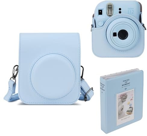 Mumlicha PU Leather Camera Case and 64 Pockets Photo Album Compatible with Fujifilm Instax Mini 12 Instant Camera, Mini 12 Protective Case with Adjustable Shoulder Strap (Blue)