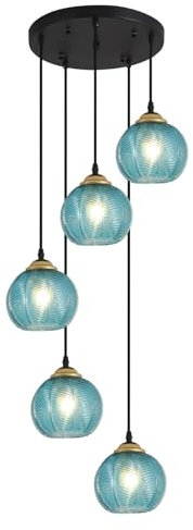 KCO Lighting Modern Blue Glass Kronleuchter Globe Cluster Pendelleuchte Schwarz und Gold Küche Pendelbeleuchtung Nordic Ribbed Glass Pendelleuchte Große Runde Kronleuchter