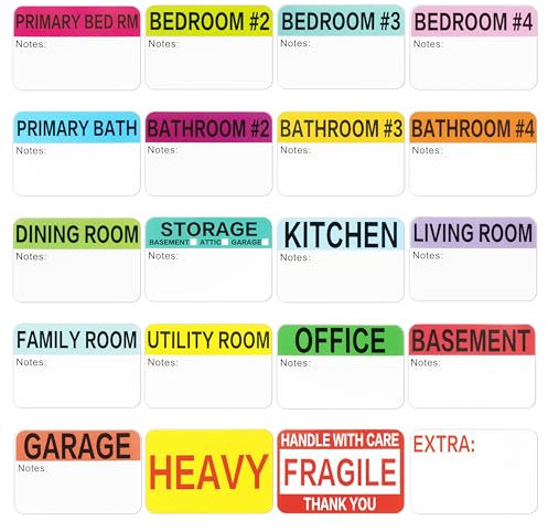 Etiketten für Umzugskartons, 600 Stück, 3 x 2 Stück, 20 Designs, farbkodiert mit beschreibbaren Notizbereichen, zerbrechlichen Aufklebern, schweren und leeren Etiketten im Lieferumfang enthalten