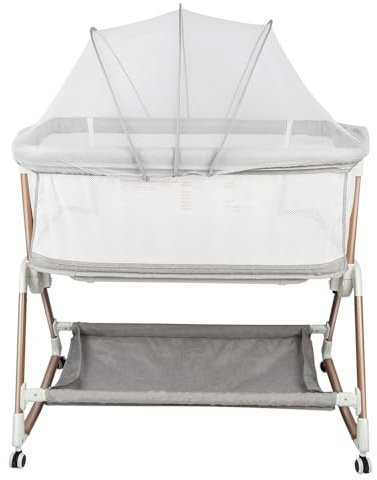 HUOLE Babywiege, Reisebett für Babys mit Matratze, Kinderreisebett, Reisegitterbett, von 0 bis 25 kg, Vordach, Moskitonetz, klappbar, Schaukelsystem, Liegeverstellung-96 * 60 * 90-115cm – grau