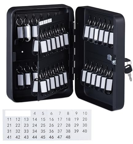 Relaxdays Schlüsselkasten, abschließbar, 48 Haken, mit Schlüsselanhängern, HxBxT: 25 x 18 x 8 cm, Schlüsselbox, schwarz